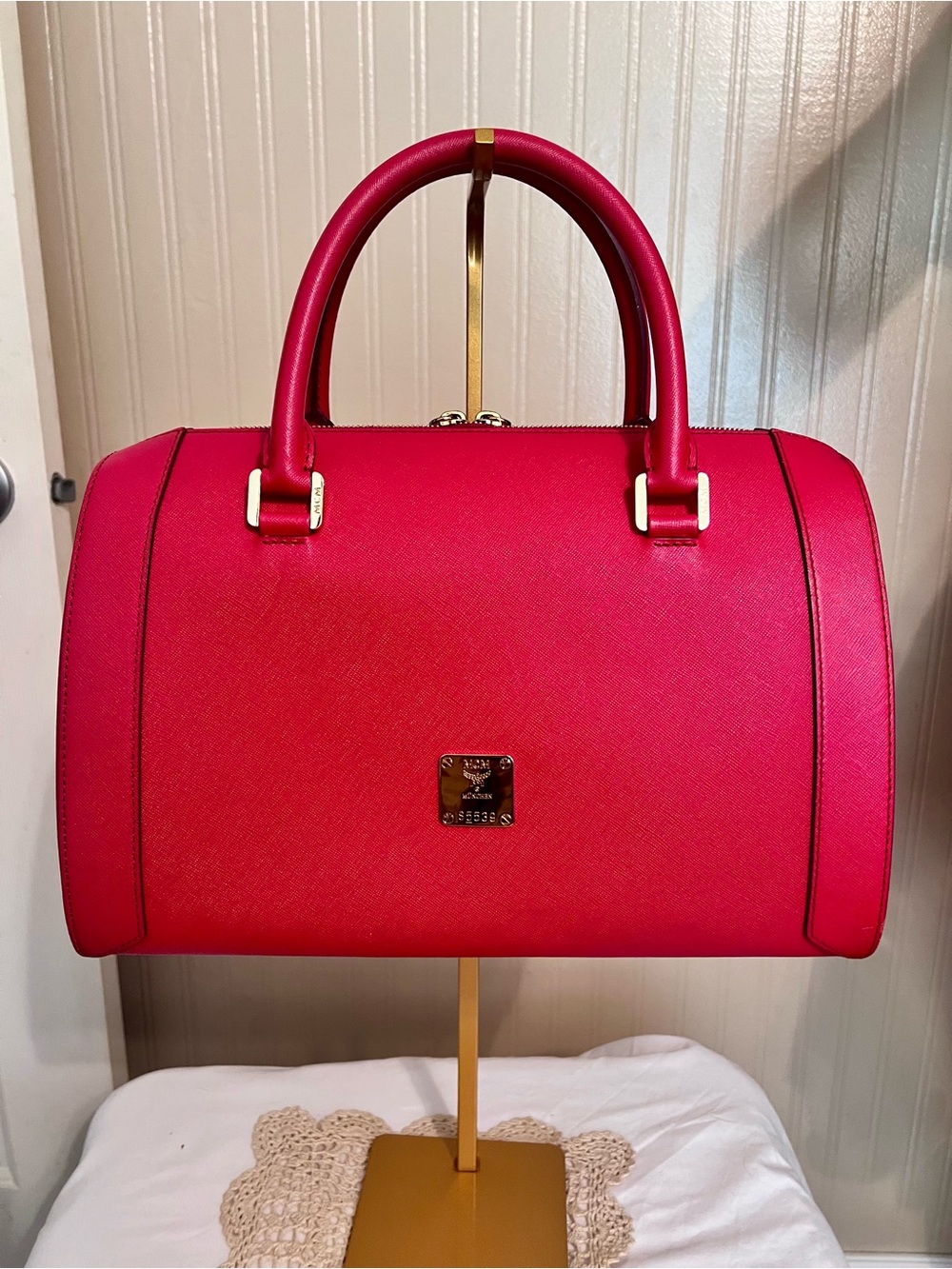 MCM Red Structured Boston Bag with Gold Hardware